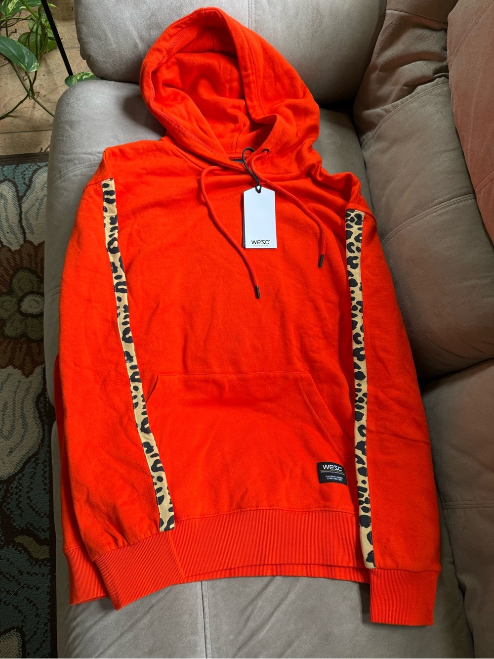 Wesc Orange Crewneck Hoodie with Leopard Stripe Detail